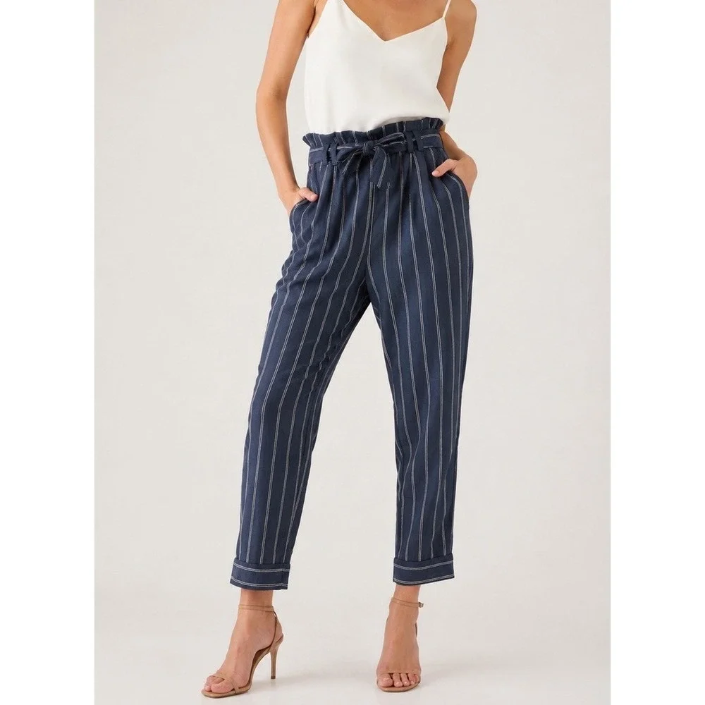 Banana Republic Avery Paperbag Waist Stripe Pants Womens 4 Linen Blend Tie Waist